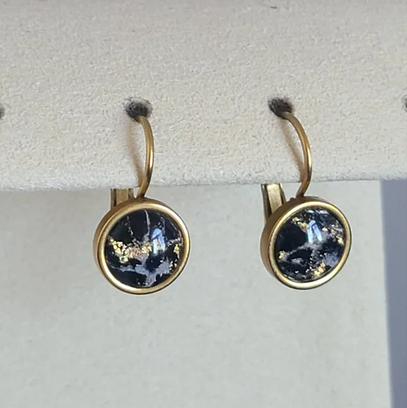 Elegant Hand Crafted Boho Black Gold Gemstone Marble Circle Drop Dangle Earrings - Picture 5 of 13